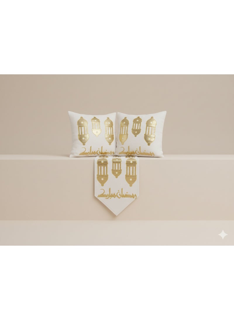 نجفة شوب طقم ديكور رمضان فاخر بلمسات ذهبية – 2 كافر كوشن + رانر ترابيزة بتصميم إسلامي أنيق - Image 2